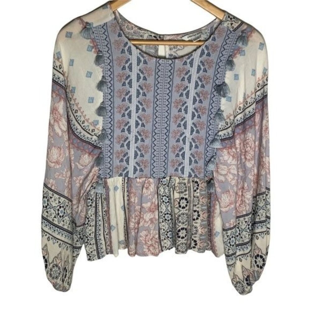American Eagle XS Boho Floral Patchwork Peasant Blouse Long Sleeve